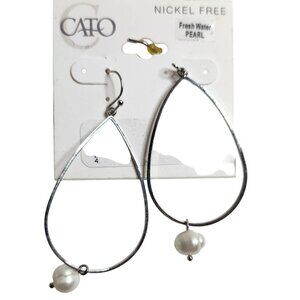 Teardrop Hoop Earrings fresh water pearl silver tone career neutral Cato